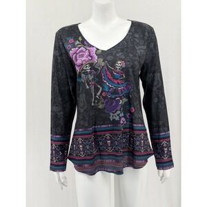 One World Top Womens Large Black Skeleton Dancing Dead Floral Halloween Grunge